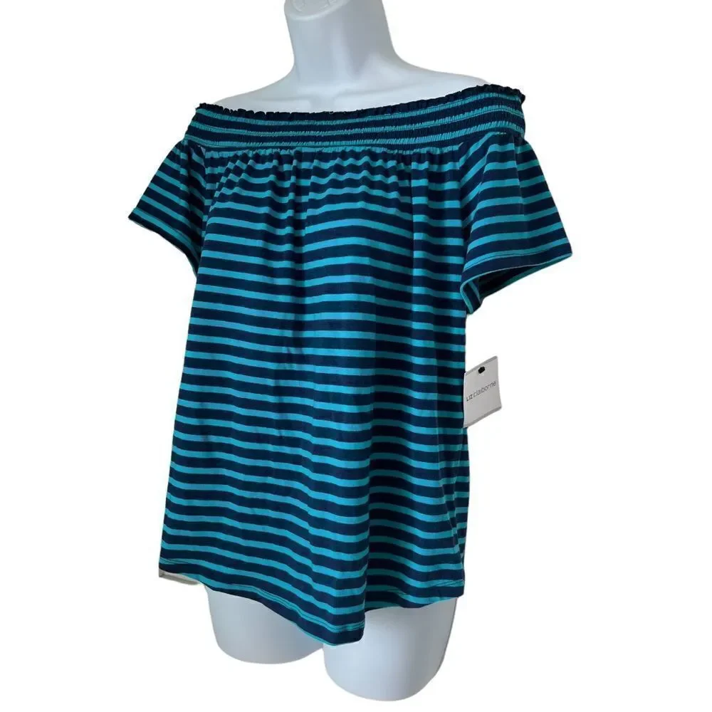 NWT Liz Claiborne Off Shoulder Stripe Top Blue Teal Boho Casual Stretch Blouse L